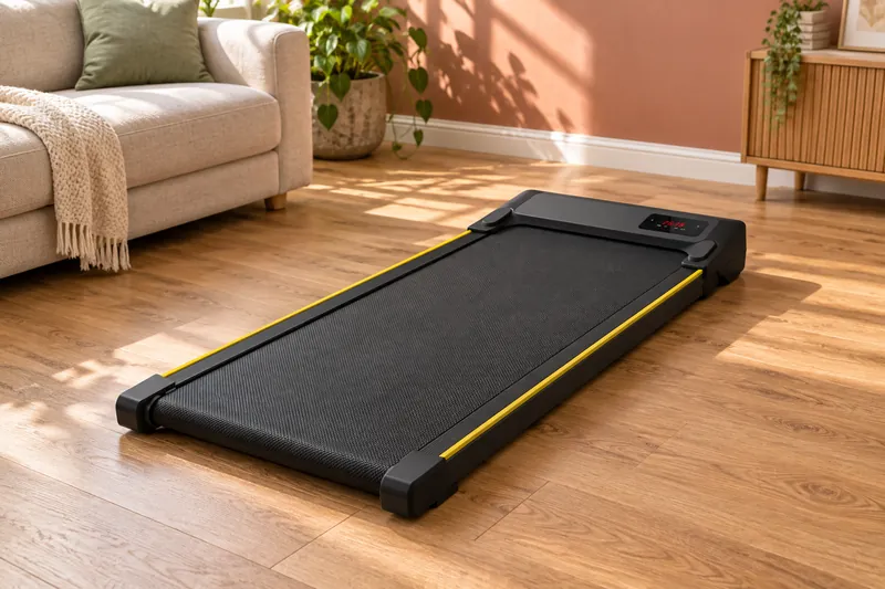 Tapis compact noir et jaune vu de trois quarts sur un parquet, mise en situation